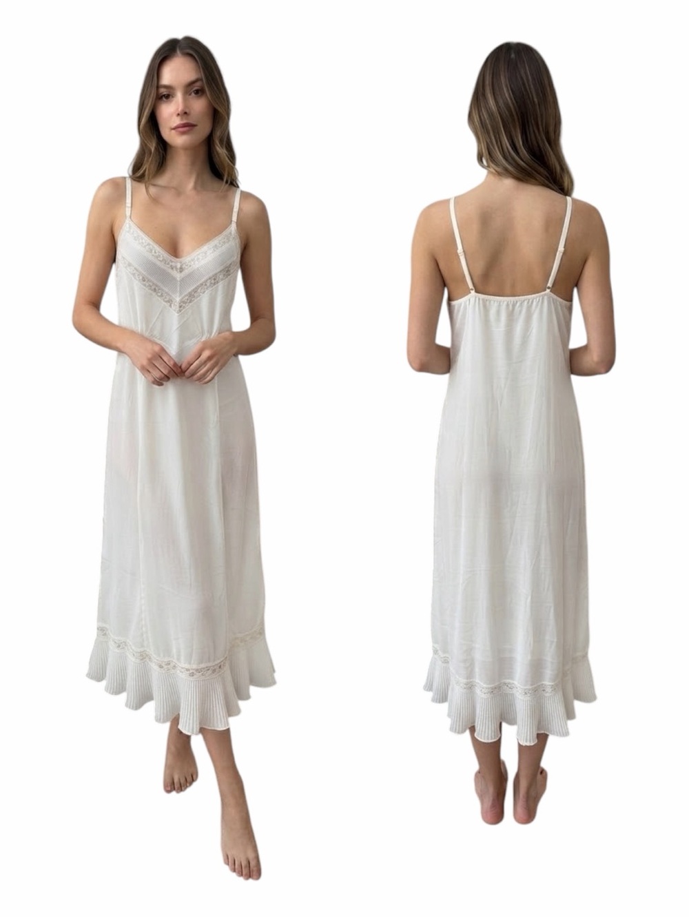 Vintage Carol Brent Lingerie White Slip Dress Lace Pleated Chemise Sz 40 / L